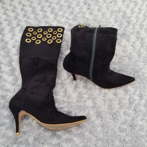 Vegan suede black boots with gold-ring hardware. - Picture 3 of 6